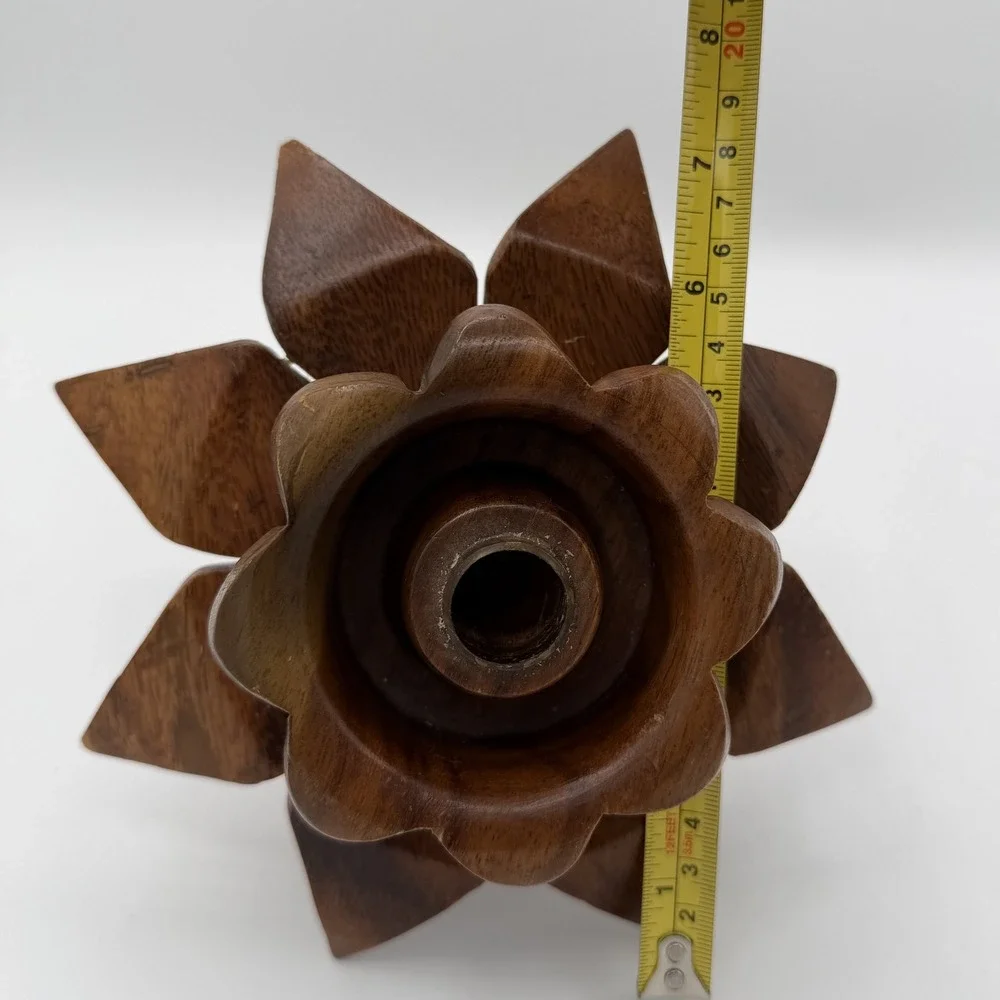 Vintage Hand Carved Wooden Lotus Flower‎ Candle Holder Philippine Handicrafts